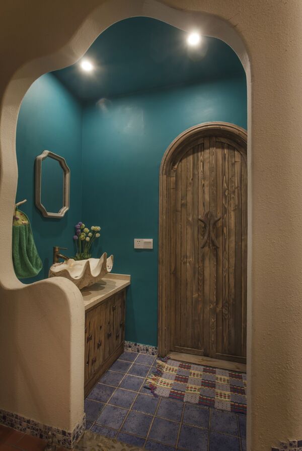 现代森系浴室深蓝色背景墙室内装修效果图