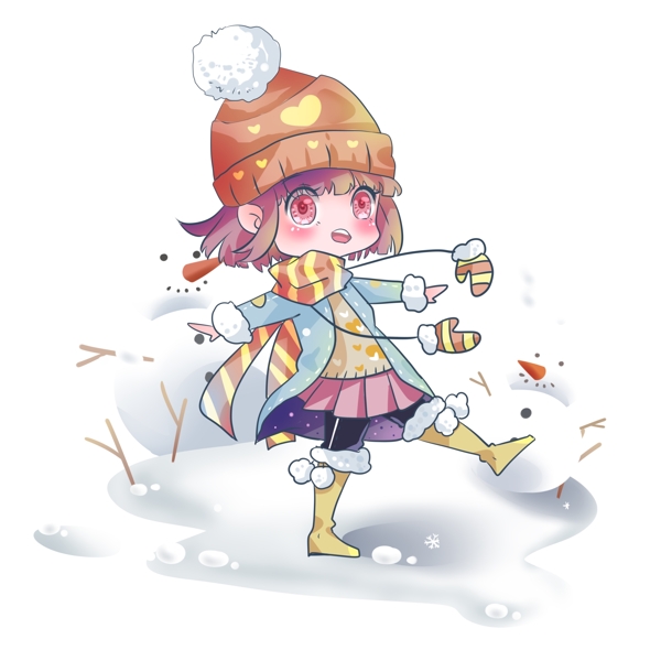 小雪节气站在雪景里欣赏雪景的女孩手绘元素