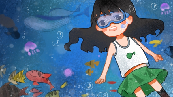 世界海洋日可爱女孩插画