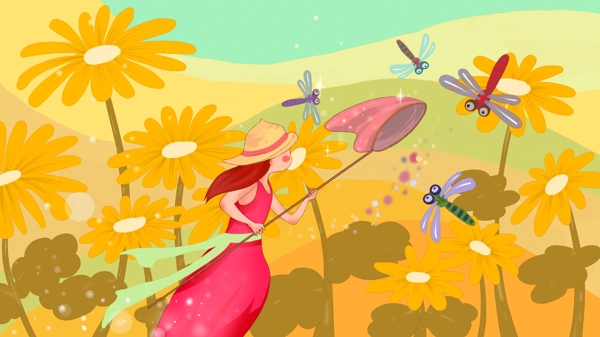 秋分时节在野菊花丛里捕蜻蜓的女孩原创插画