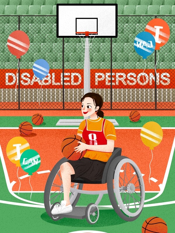 国际残疾人日篮球场上拿着篮球女孩插画