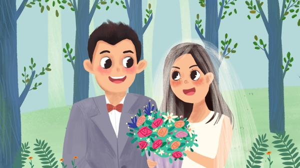 小清新森林里的婚礼手绘插画