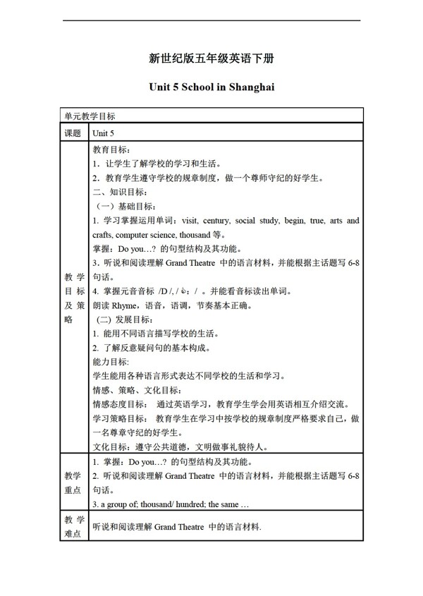 五年级下英语下册教案unit5