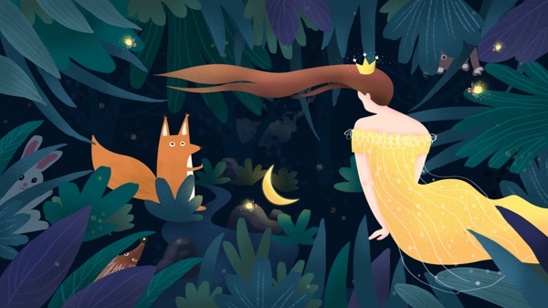 原创手绘插画森林公主夜晚与动物