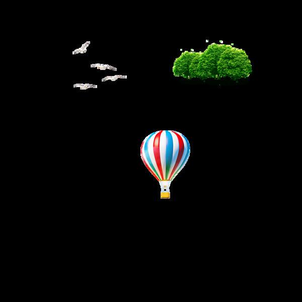 浪漫热气球绿树海鸥PNG元素