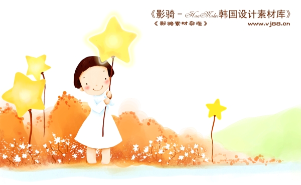 HanMaker韩国设计素材库背景卡通漫画可爱梦幻童年孩子女孩花丛星星