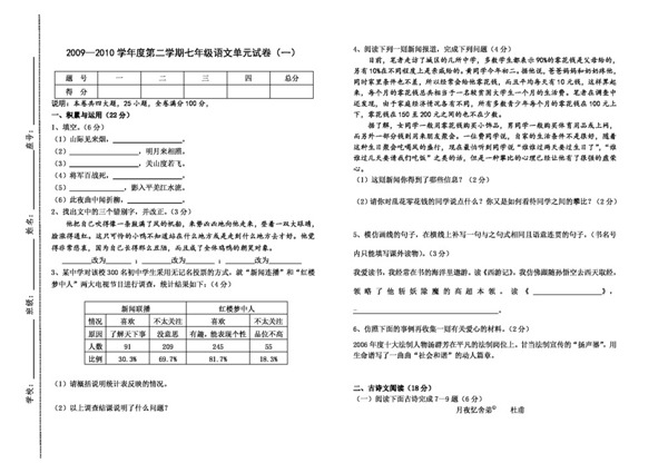 语文人教版20092010学年度第二学期七年级语文单元试卷