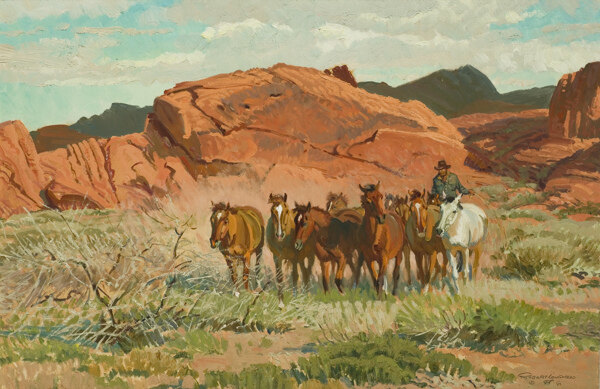 岩石前放马的人油画图片