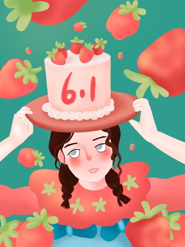 原创六一儿童节礼物草莓生日蛋糕配图插画