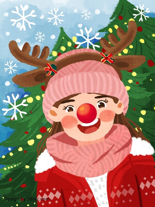 圣诞节装扮成小鹿的女孩原创手绘插画