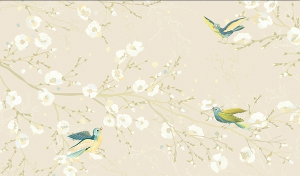 花鸟手绘时尚中式背景墙