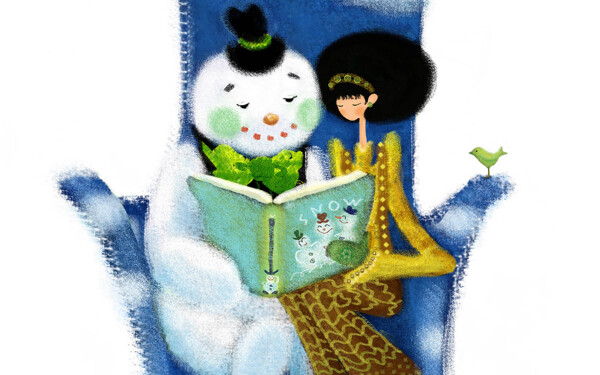 和雪人一起看书的女孩