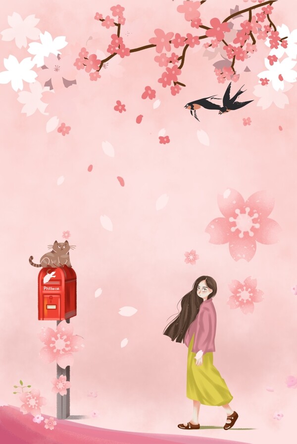 樱花花朵小女孩漫步散步海报背景