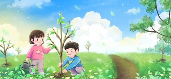 手绘儿童植树节插画