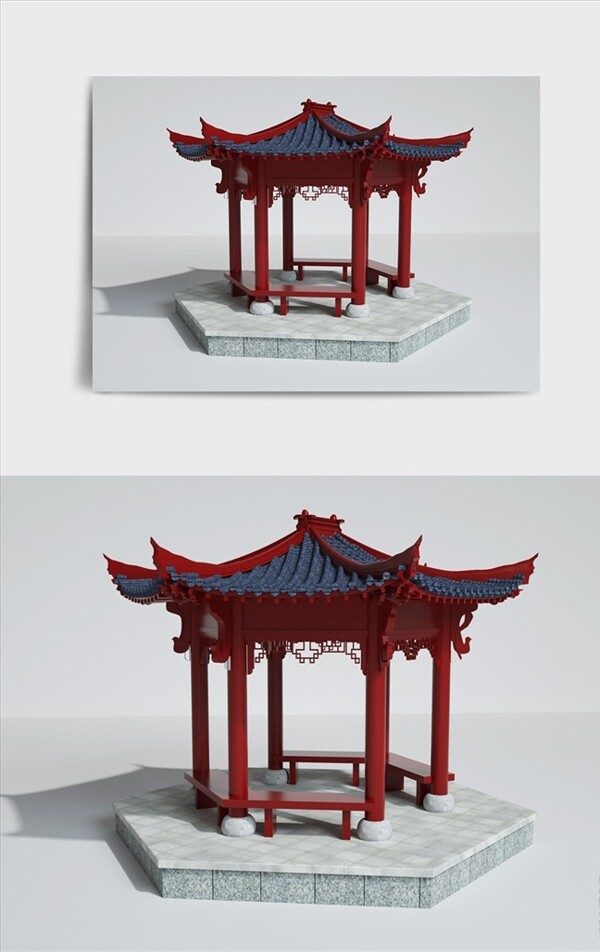 红色系仿古中式风格凉亭建筑图片
