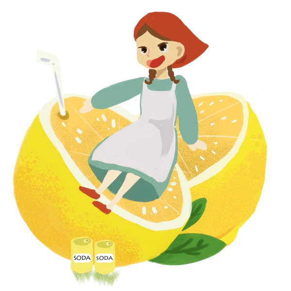 卡通简约喝橙汁的农家女孩装饰素材