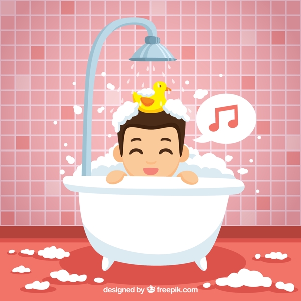 男孩在浴室里唱歌