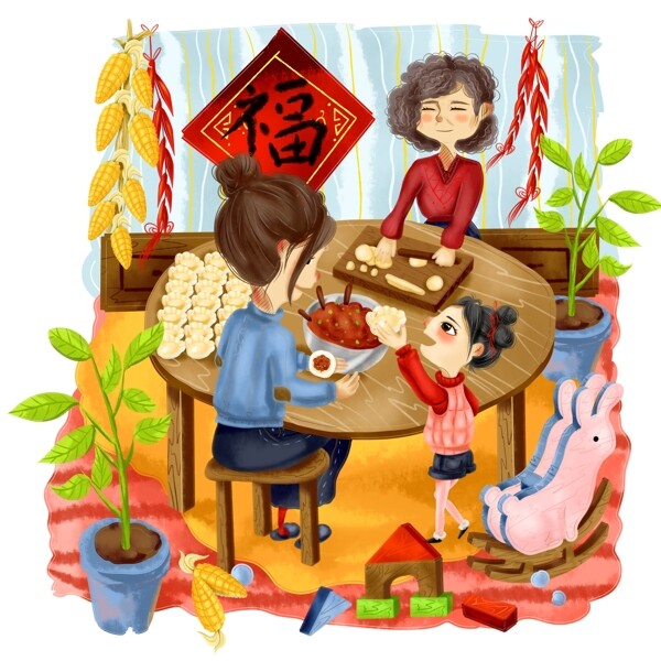 手绘阖家团圆包饺子春节过年节日团圆场景