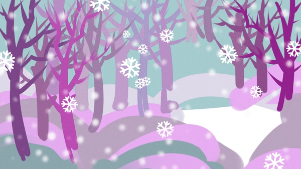 紫色梦幻冬季树林雪花背景