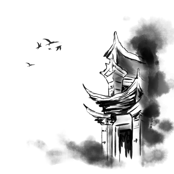 中国风水墨屋檐黑白复古屋檐古代房屋墨迹鸟