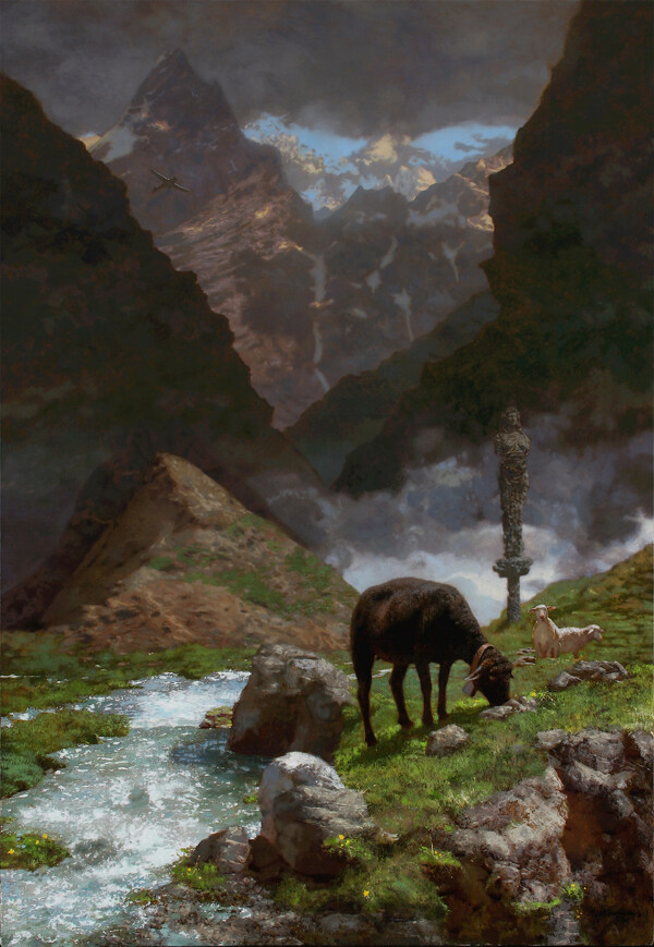溪边的羊油画图片