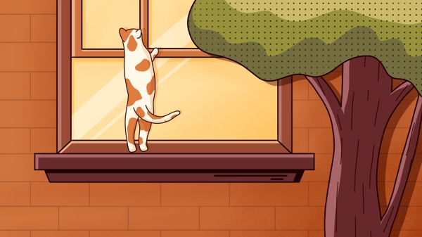 萌宠插画窗台上的猫咪手绘插画