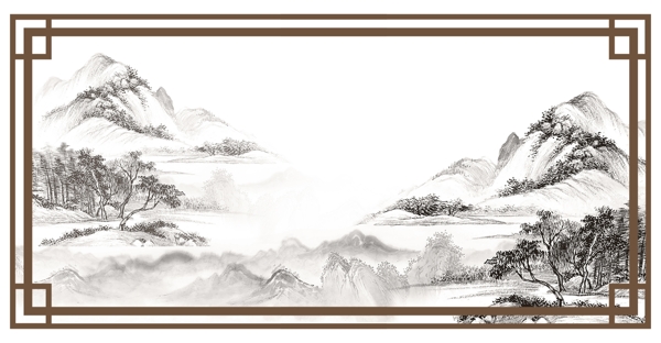 中国风水墨山画边框背景