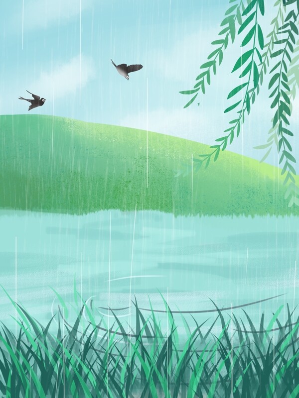 清新雨季柳条池塘背景设计