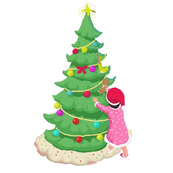 彩绘女孩和圣诞树元素设计可商用元素
