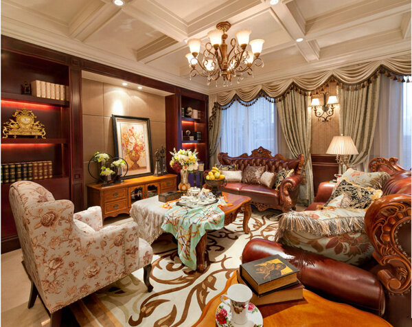 欧式时尚花纹沙发客厅室内装修效果图