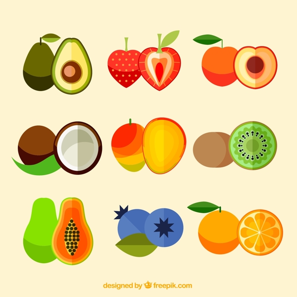 9款扁平化水果和切片矢量图