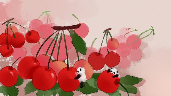 樱桃和熊猫可爱手绘插画