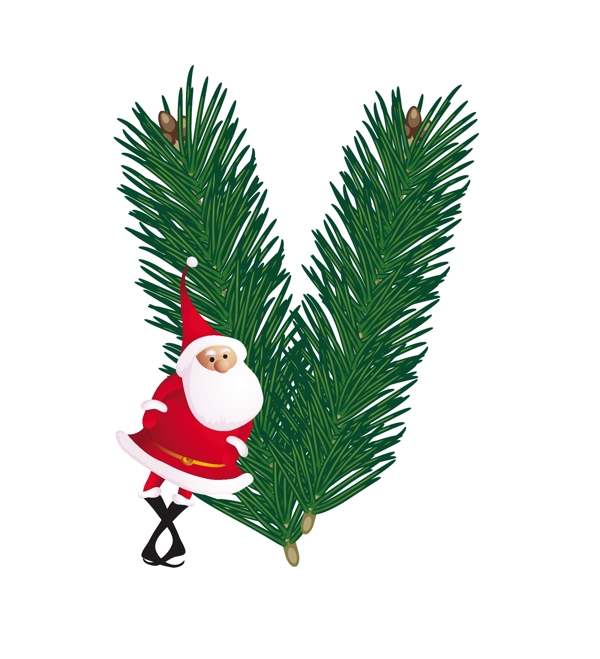 圣诞装饰杉树的ABC字母V的有趣的圣诞老人矢量