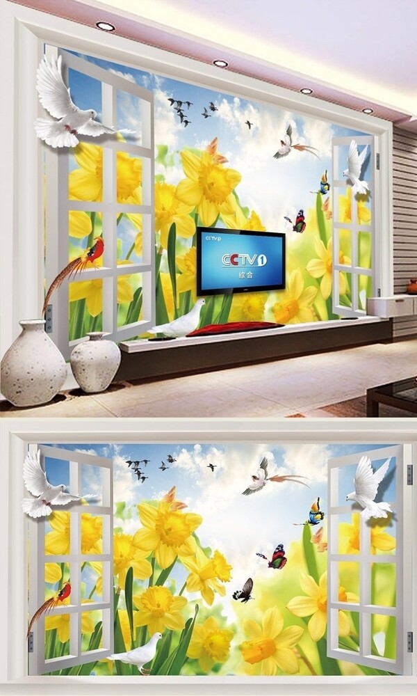 3D窗外花卉背景墙