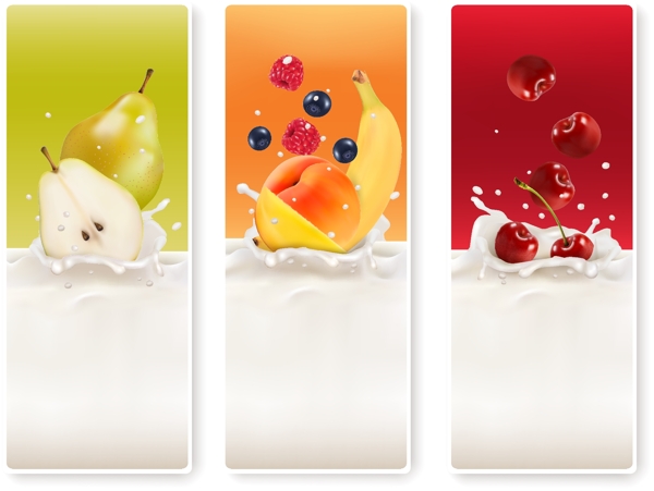 三色水果牛奶卡通矢量背景素材