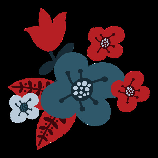 手绘植物红花蓝花透明花朵素材