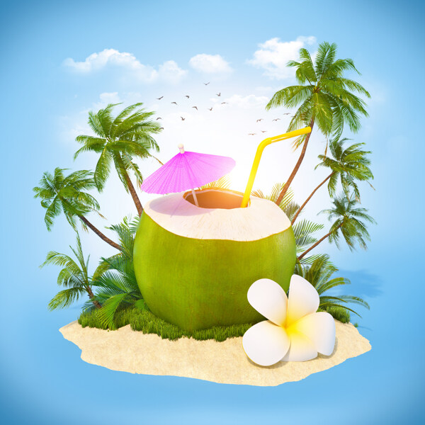 沙滩上的椰子果汁背景