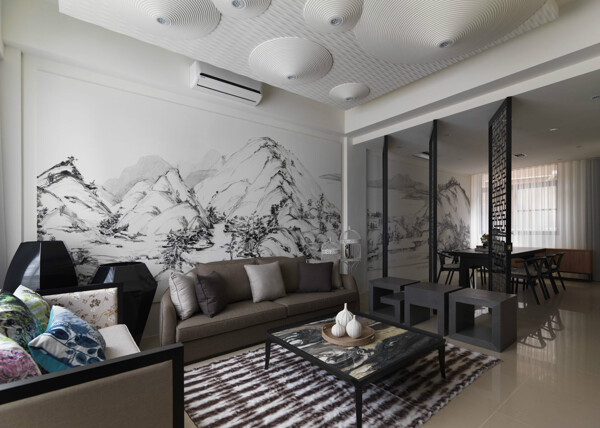 中国风客厅条纹灰色地毯装修效果图
