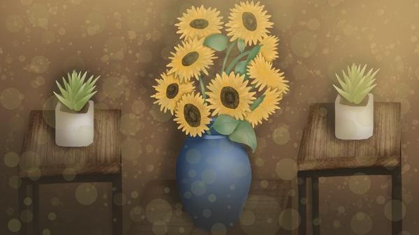 花卉植物之向日葵复古写实插画