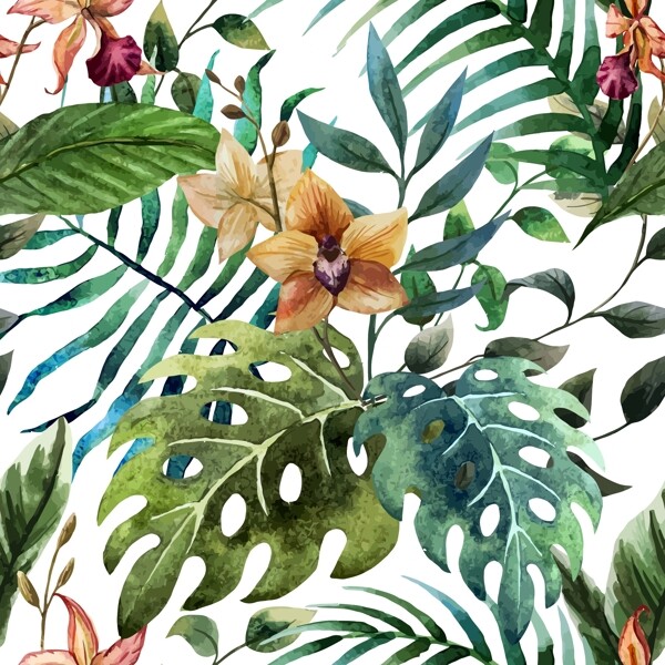 热带植物树叶花卉四方连续底纹