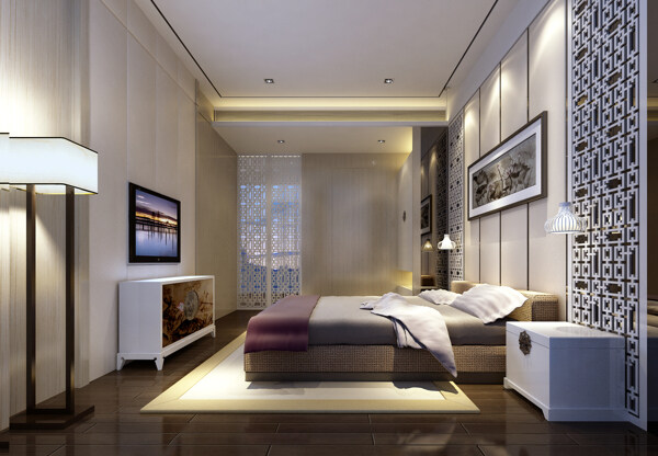 中式客厅卧室床效果图