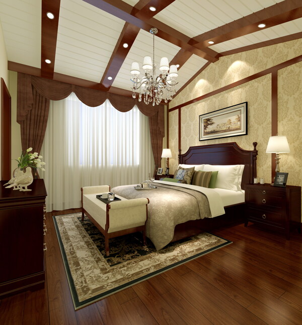 美式清雅卧室欧式花纹地毯室内装修效果图