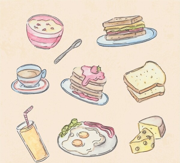 8款素色彩绘早餐食物矢量素材
