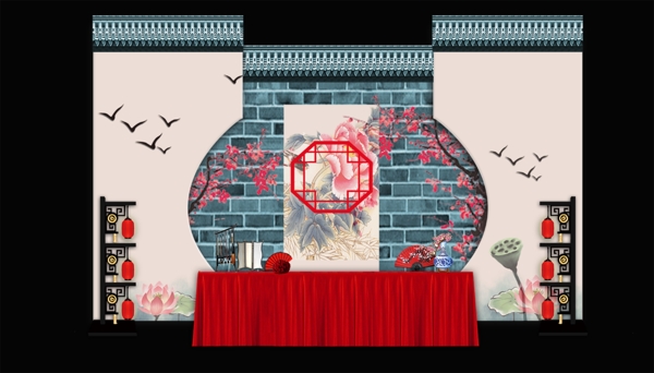 中式水墨荷花窗格房檐签到展示婚礼效果图