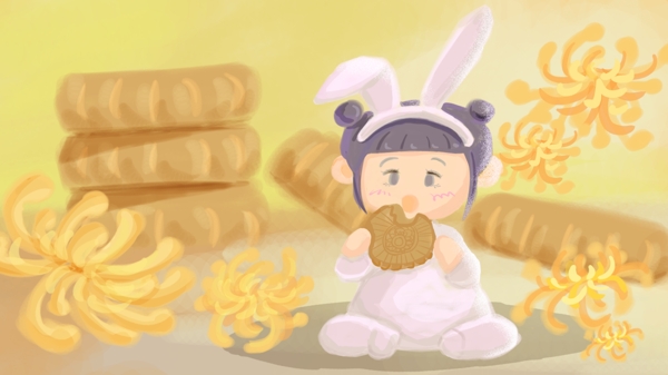 中秋节可爱小女孩吃月饼