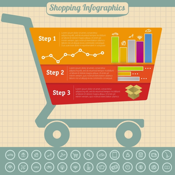 购物信息图表设计矢量模板与超市购物车
