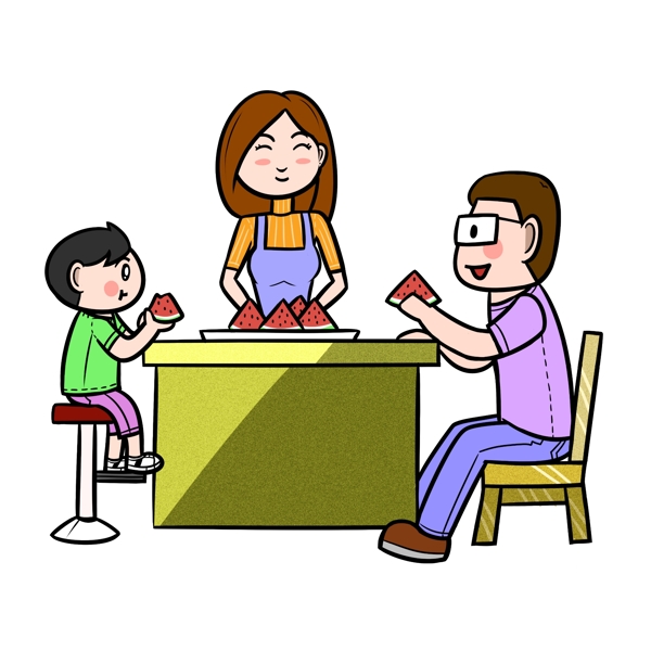 卡通夏季全家人一起吃西瓜png透明底