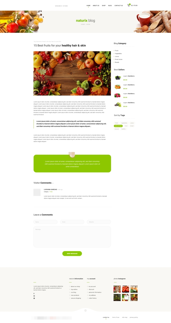 天然有机食品网站单篇博客页面psd模板