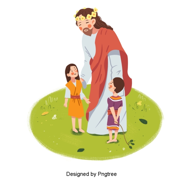 可爱的手绘插图的耶稣和两个孩子