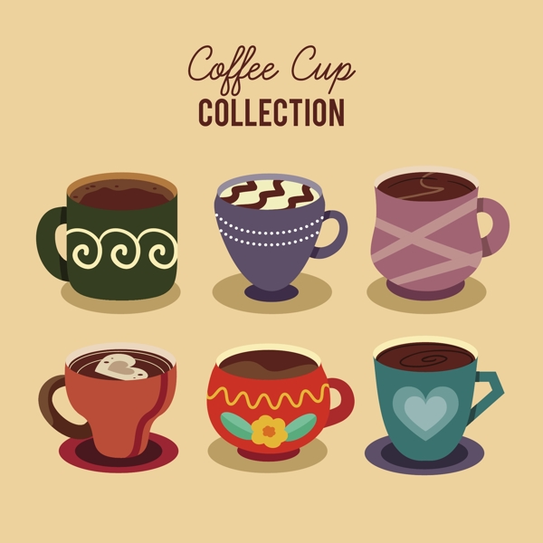 6款彩色精美图案咖啡杯插画元素